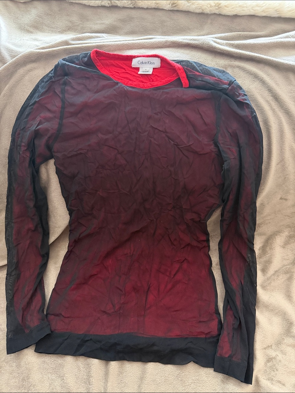 Calvin Klein Red and Black Sheer Long-Sleeve Top